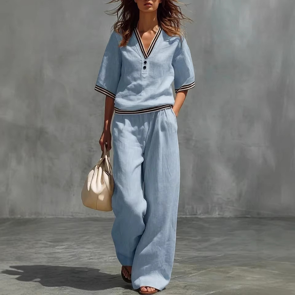 Cotton-Linen V-Neck Casual Comfortable Short-Sleeve Shirt And Pants Set - Image 1