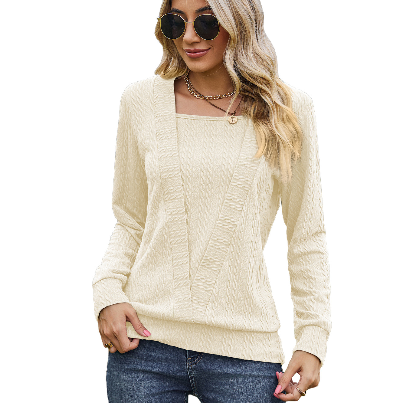 Square Collar Cross Loose Long sleeved T shirt Top For Women Apricot - Shop at LoveMi