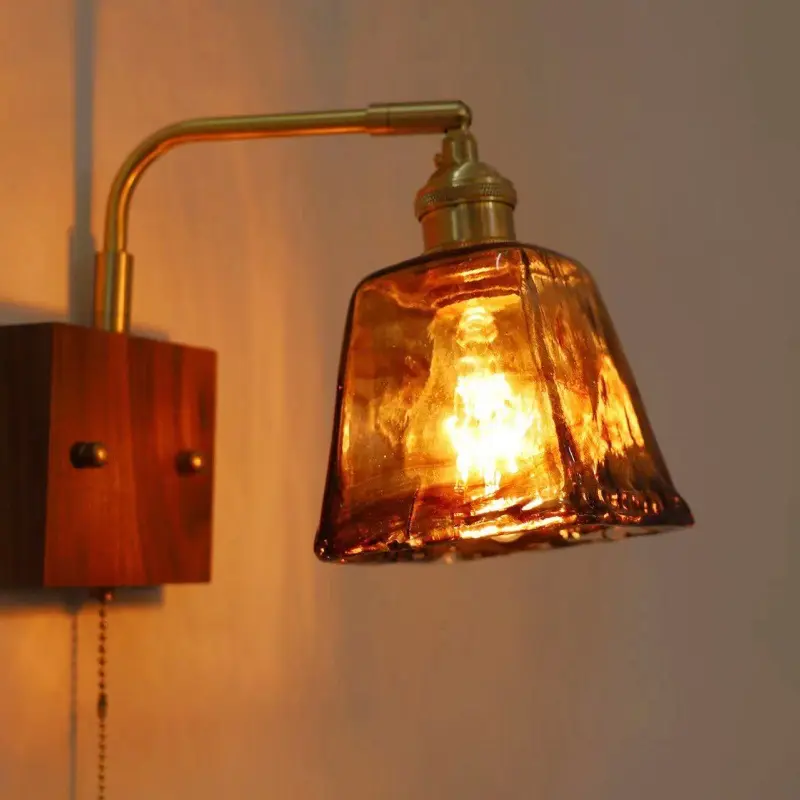 Retro Bead-chain Wall Walnut Bedside Lamp