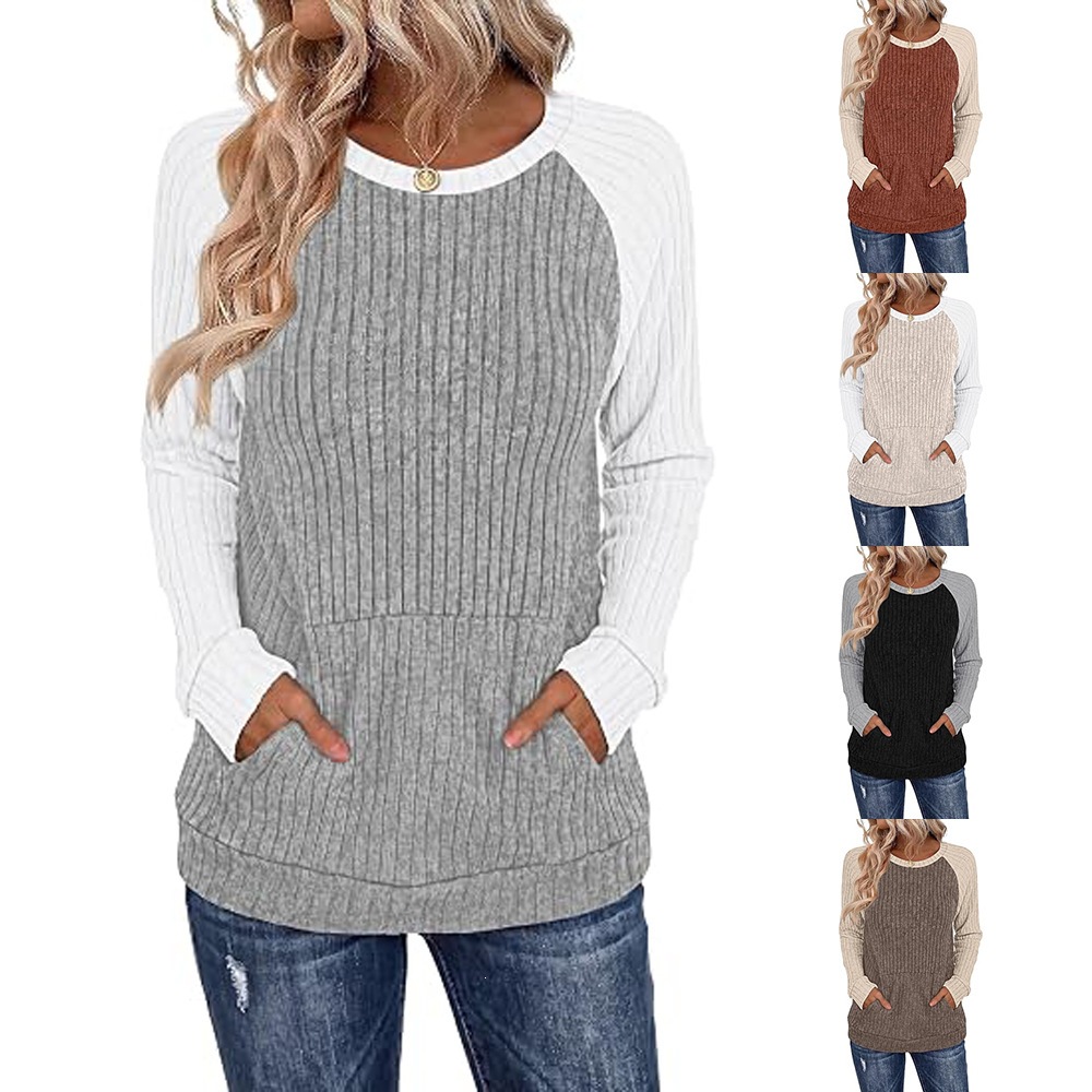 Round-neck Color-block Pocket Brushed Long-sleeve Loose-fitting Top