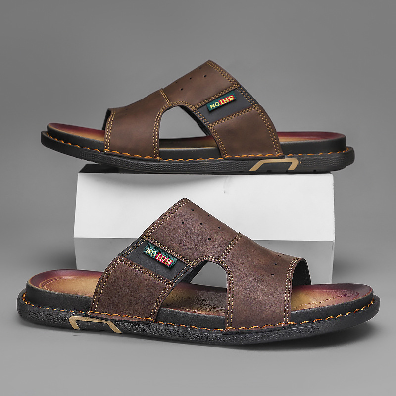 Mens Outdoor Casual Stylish Thick-soled Height-increasing Leather Slip-on Sandals