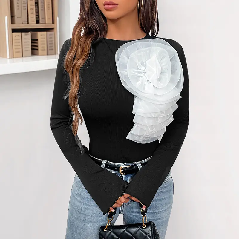Sweet Style Design Three-dimensional Flower Decoration Black Long Sleeve Jumpsuit