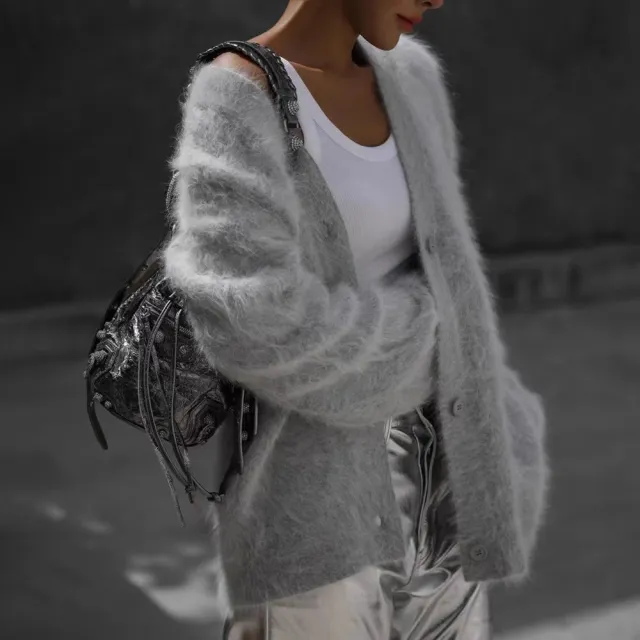 V neck Faux Mink Fur Sweater Coat Women Fluffy Knitted Cardigan Light Gray - Shop at LoveMi