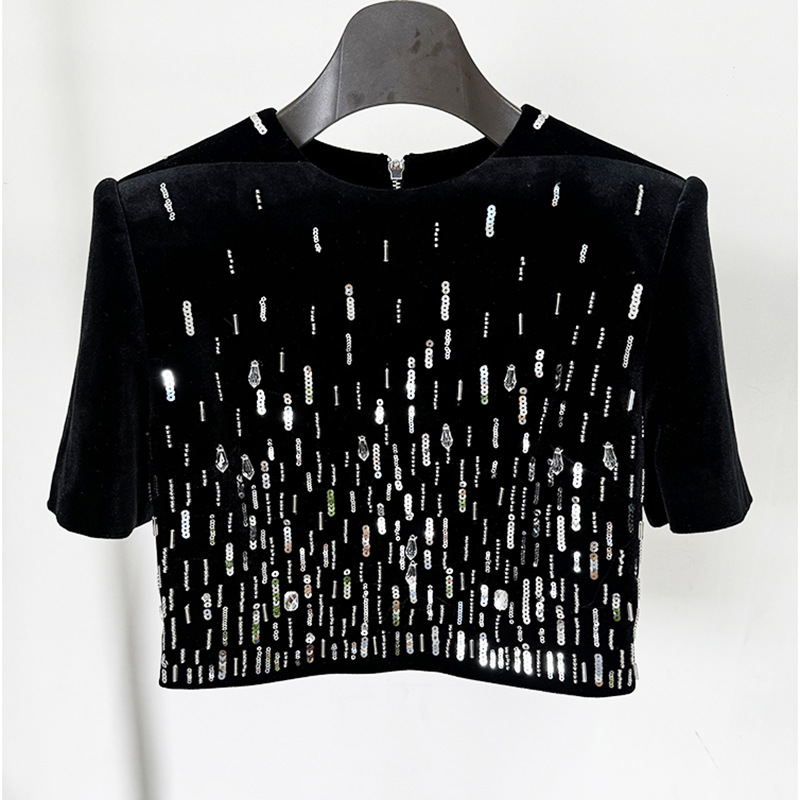 Fashion Bead Pleuche Top Mid-length Dress Set