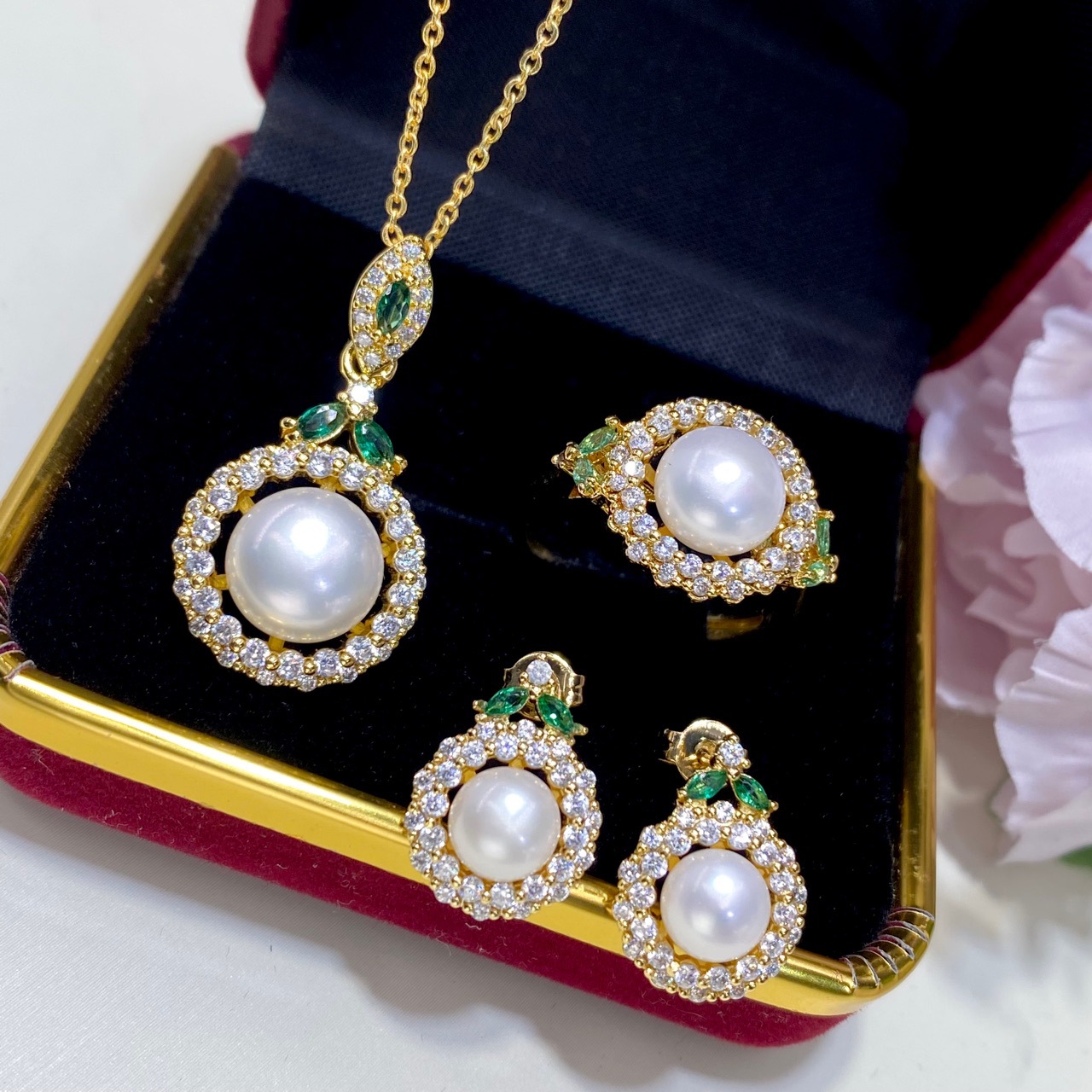 Freshwater Pearl Suit Stylish Pendant 10mm Ring 8mm Ear Studs 65mm