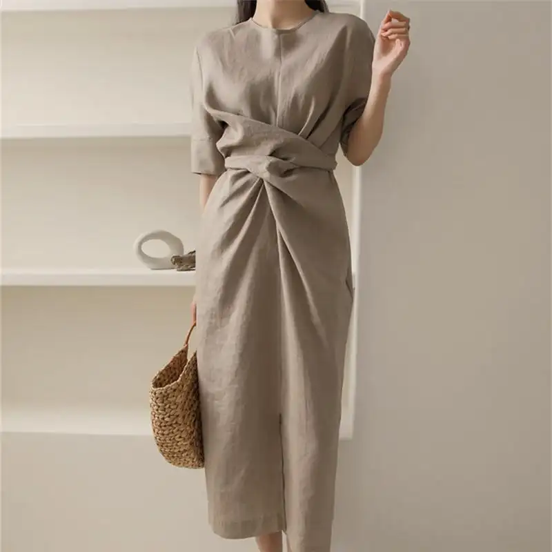 Korean Style Waist Slimming Temperament Irregular Linen Dress