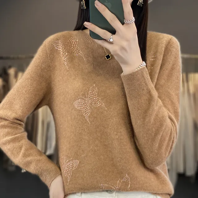 Round Neck Patterned Base Shirt For Women Camel - Shop at LoveMi