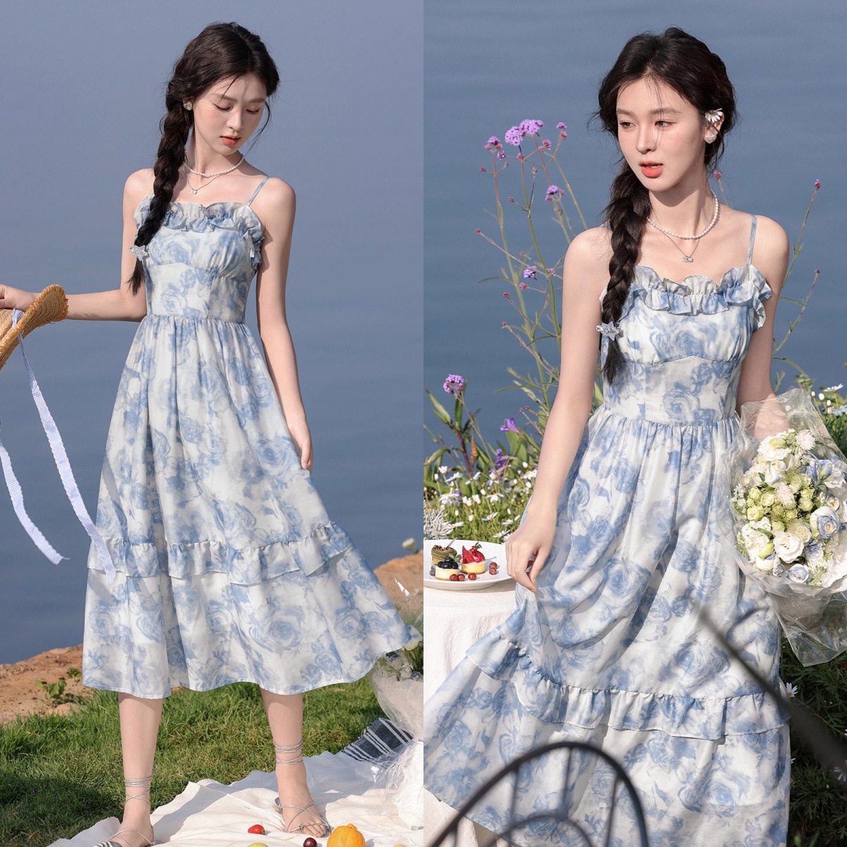 Strap style French Ruffled Beach Dress Blue - Shop at LoveMi