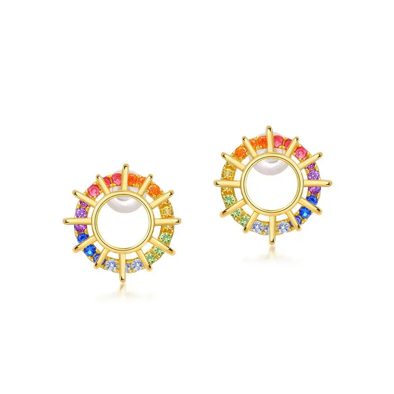 S925 Sterling Silver Rainbow Stud Earrings Full Of Colorful Zircon Sun Earrings