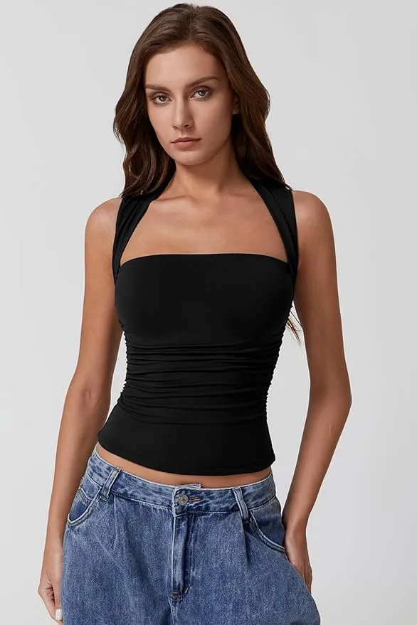 Off the shoulder Square Collar Shoulder Strap Midriff baring Top Black - Shop at LoveMi