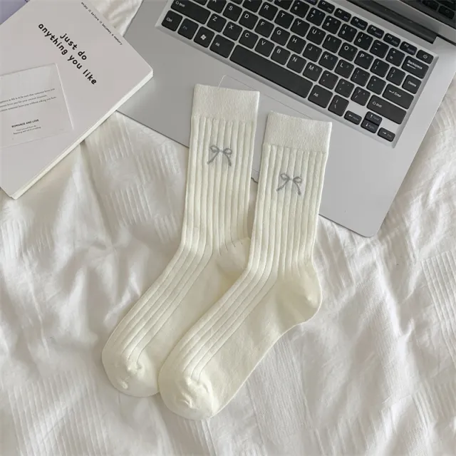 Cute Girl Bow Tube Socks Hollow Bunching Socks Milky White - Shop at LoveMi