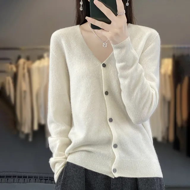 Women's V neck Seamless Front Line Ready made Garments Wool Cardigan White - Shop at LoveMi