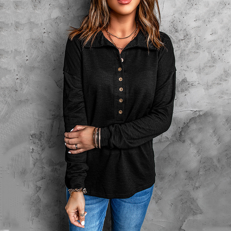 Women's casual long sleeve top in black – loose knit relaxed fit