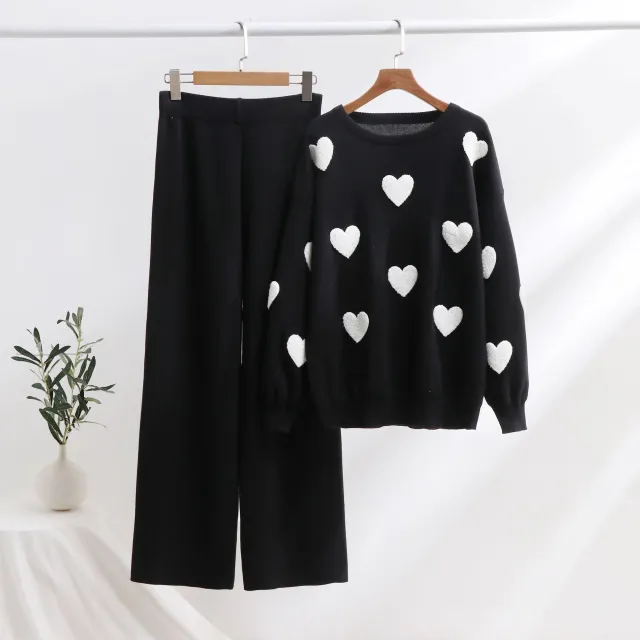 Heart Knitted Pants Outfit Top Two piece Set Black - Shop at LoveMi