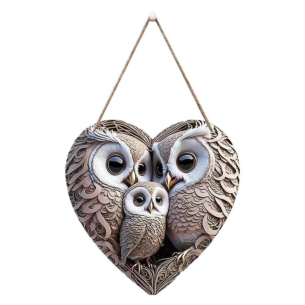 Retro Style Wooden Doorplate With Three Heart Shaped Owls As A Hanging Decoration