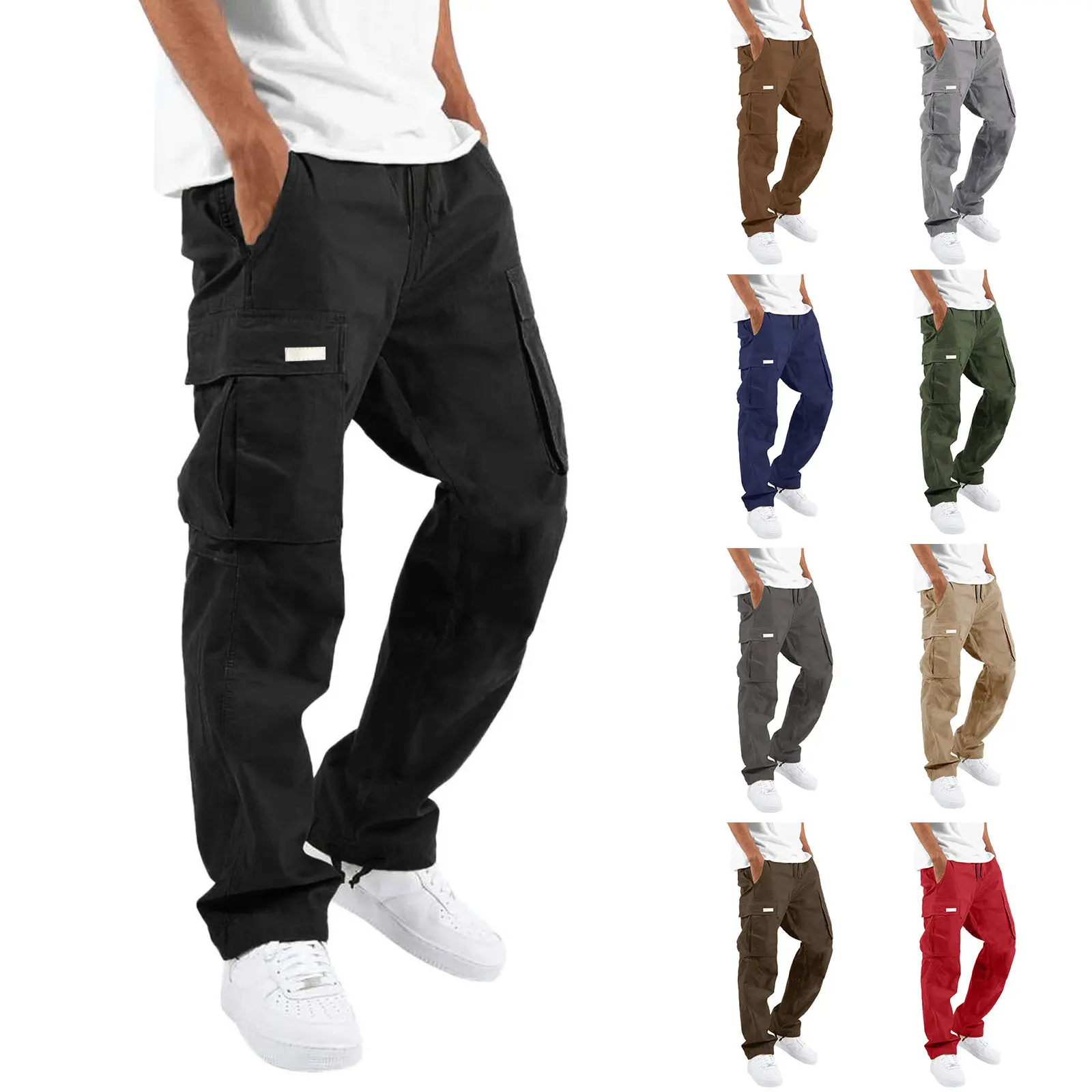 Mens Patch-detail Drawstring-cuffed Straight-leg Multi-pocket Work Pants