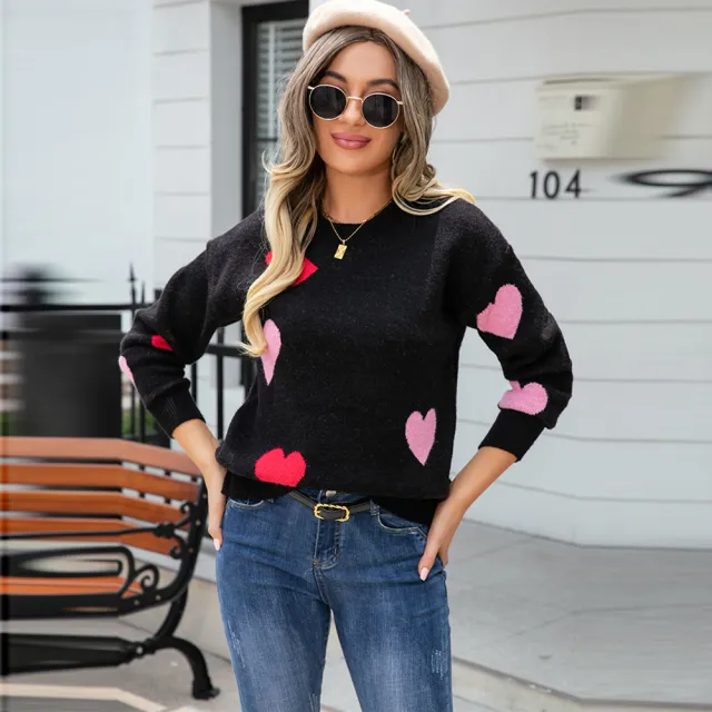Autumn And Winter New Peach Heart Sweater Round Neck Knitted Pullover Black - Shop at LoveMi