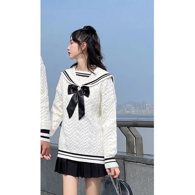 New Japanese style Color blocked Round neck Thick Fairy Sweater In White Women'S White - Shop at LoveMi