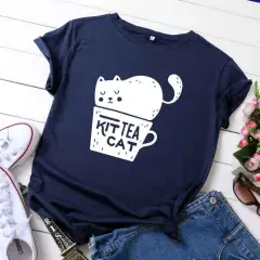 Casual KIT TEA CAT Printed Round Neck Plus Size Short Sleeve - Dark Blue White - View 1