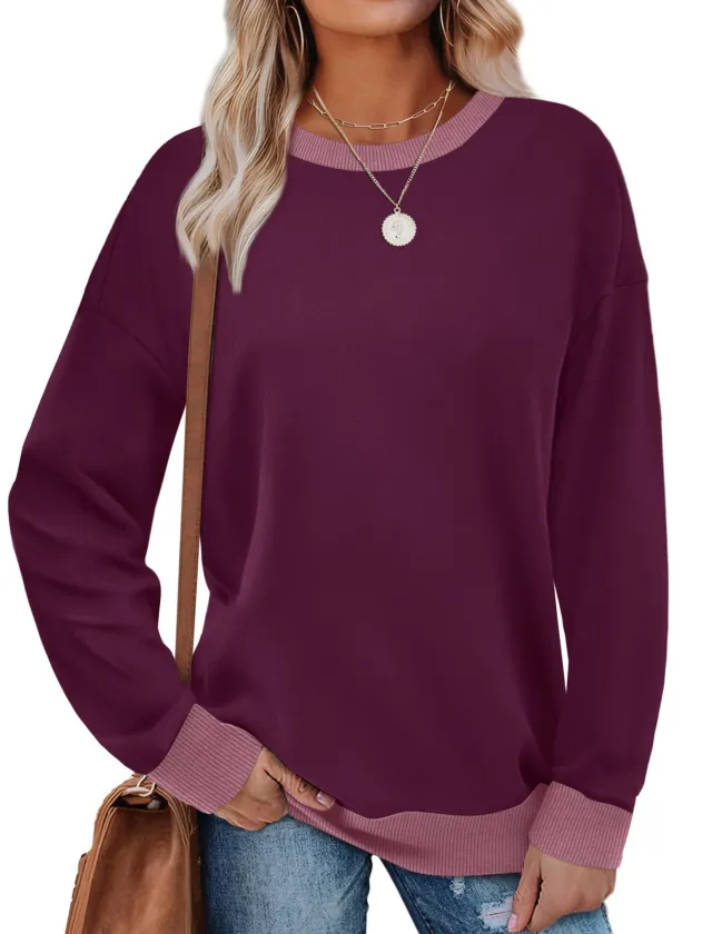 Loose Round Neck Striped Long sleeved Top Women Purple - Shop at LoveMi