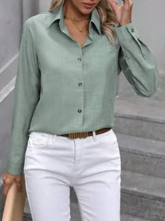 Women's Casual Single-breasted Solid Colour Colour Matching Long Sleeve Lapel Shirt - Light Green - View 1
