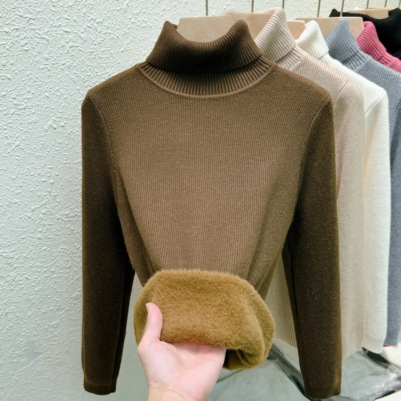 Fleece-lined Thickened Autumn And Winter Turtleneck Sweater Slim Fit Warm - Coffee