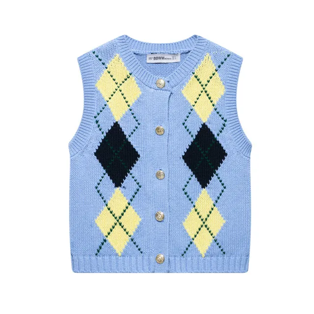 Preppy Style Round Neck Diamond Plaid Sleeveless Button Knitted Vest - Shop at LoveMi