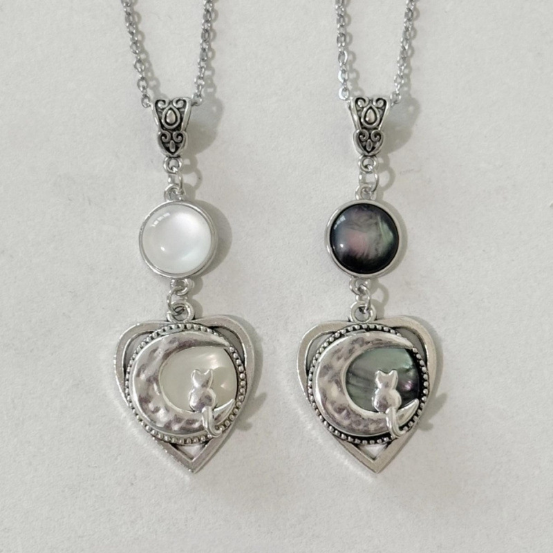 Heart-shaped Cat And White Moon Necklace