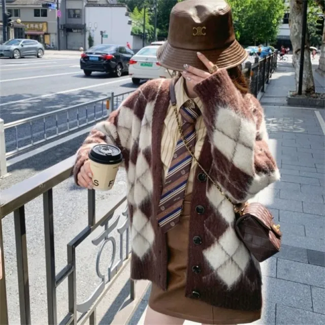 Plaid Knitted Cardigan Coat For Women Brown - Shop at LoveMi