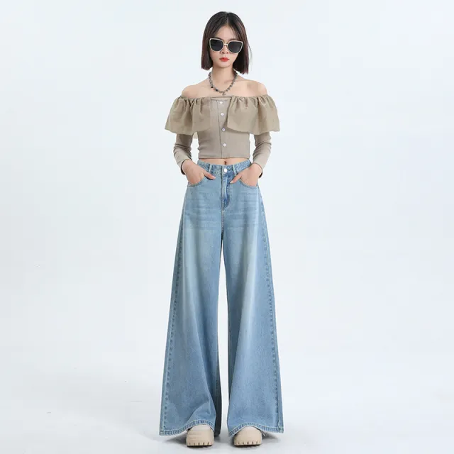 American Retro Women's High Waist Loose Wide Legs Jeans Light Blue - Shop at LoveMi