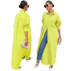 Women's Fashion Casual Solid Colour Long Shirt Coat - Yellow - View 1
