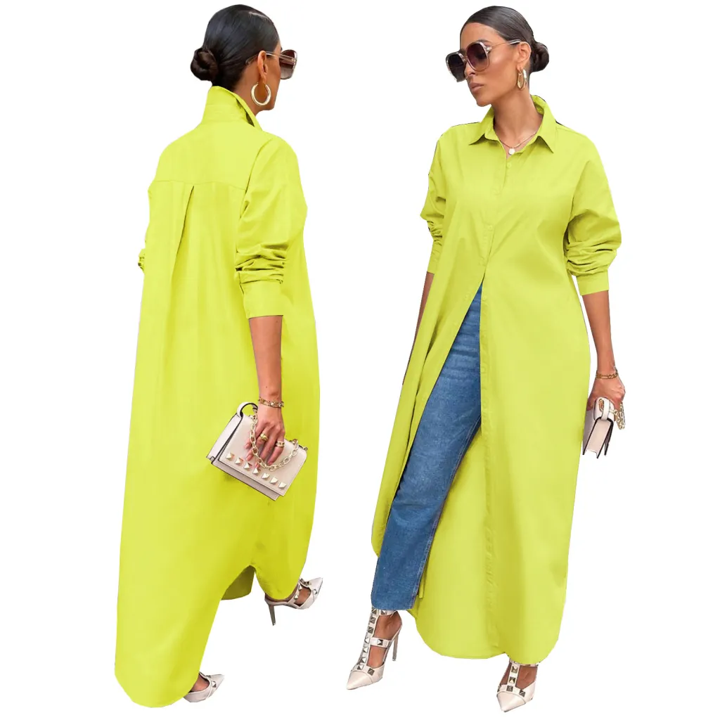 Women's Fashion Casual Solid Colour Long Shirt Coat - Yellow