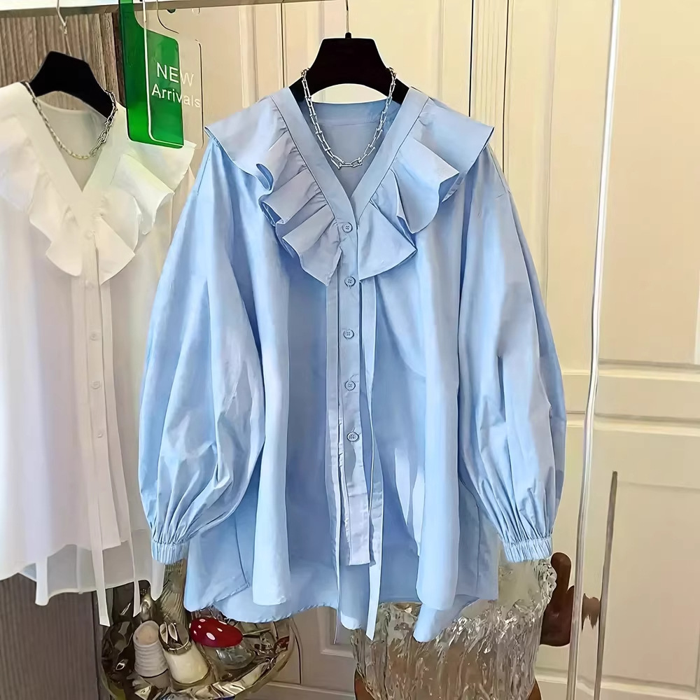 Womens Casual Resort Ruffle-Trim Collar Button-Up Shirt Top