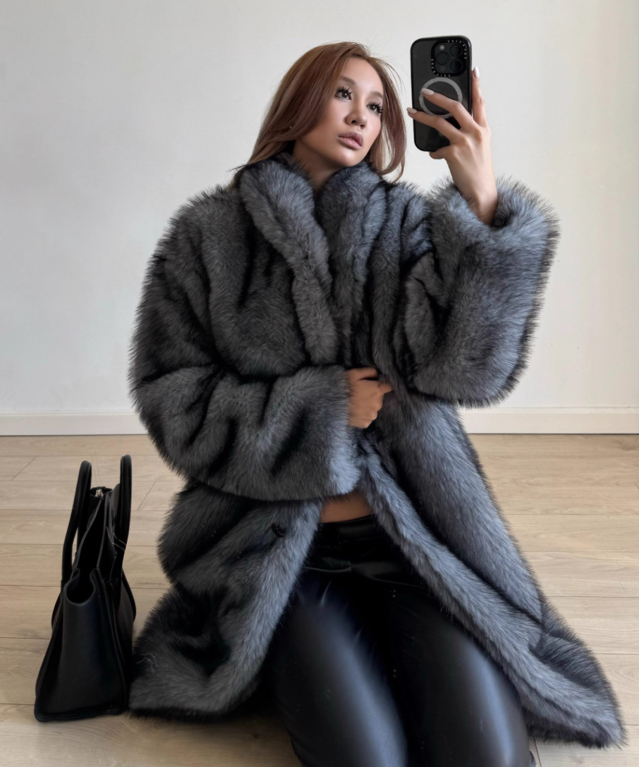Extended Green Collar Fashion Fox Fur Fur Coat Gray And Black Tip - Shop at LoveMi