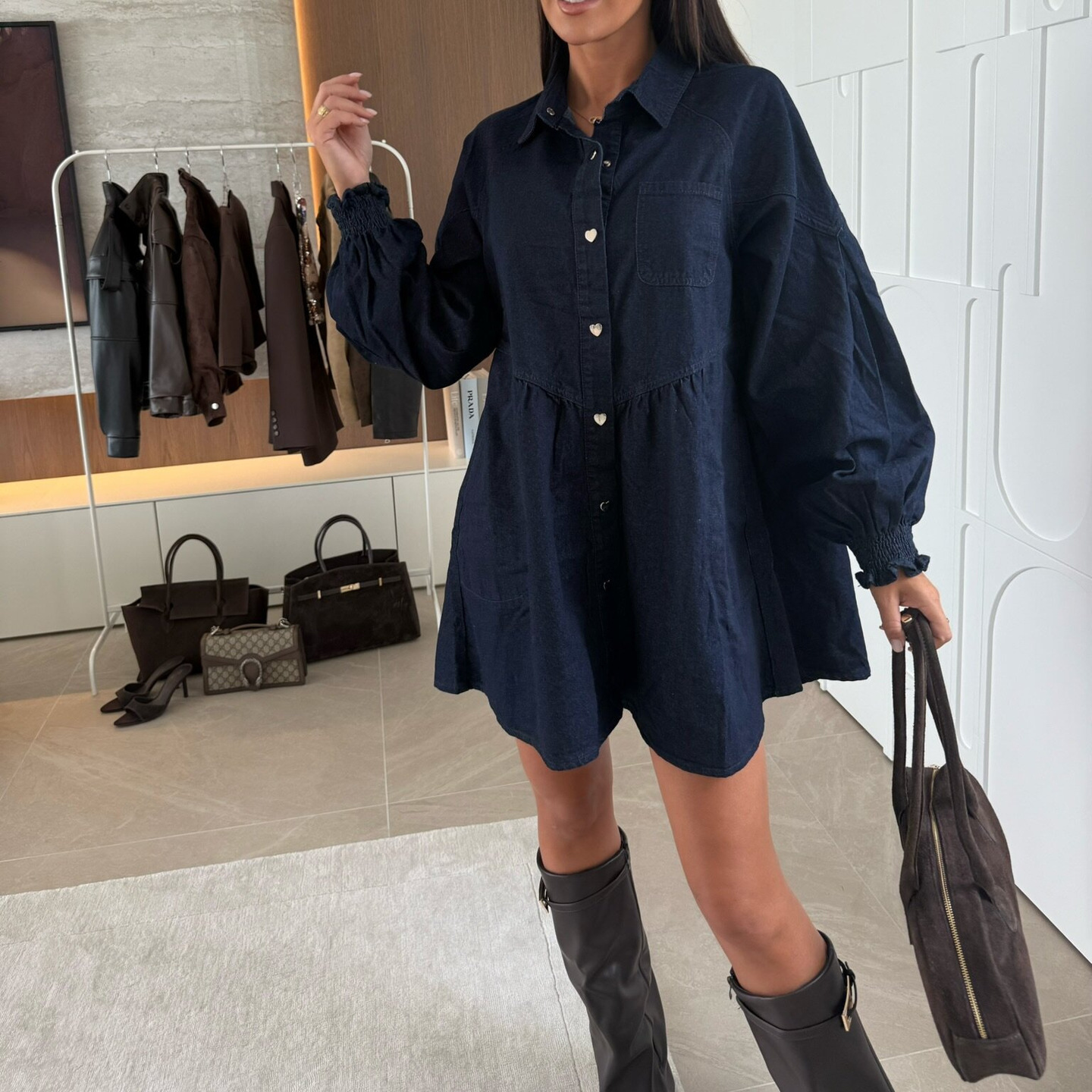 Casual Shirt Button Long Sleeve Denim Dress Dark Blue - Shop at LoveMi