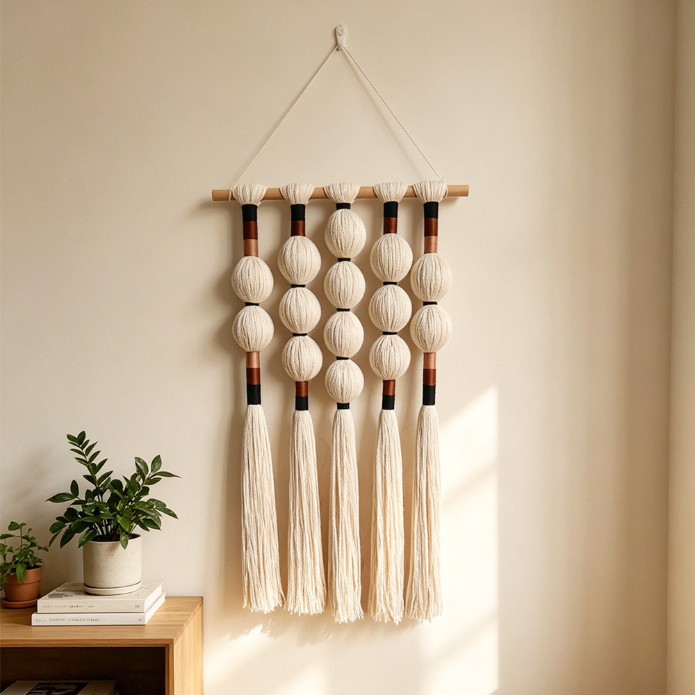 Handmade Bohemian Macrame Wall Hanging With Round Ball Tassels - Woven Tapestry Decor For Home Hotel Background