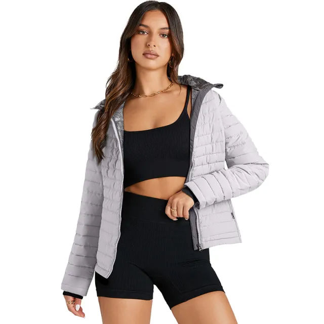 Quilted Zipped Cotton padded Jacket Women's Warm Stand Collar Lc856225 Silver - Shop at LoveMi