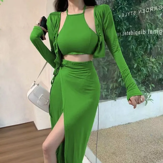 Camisole Split Skirt Summer Plus Size Three piece Suit Green Suit - Shop at LoveMi