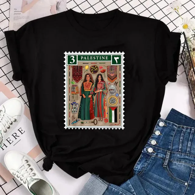 Harajuku Palestine Stamp Retro Plus Size T shirt Women Vinta Black - Shop at LoveMi