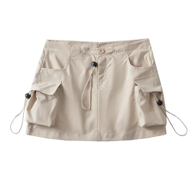 Low Waist Drawstring Elastic Side Workwear With Pocket Skirt Apricot - Shop at LoveMi