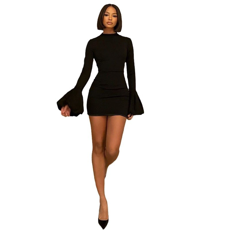 Skinny Short Dress Round Neck Long Sleeve