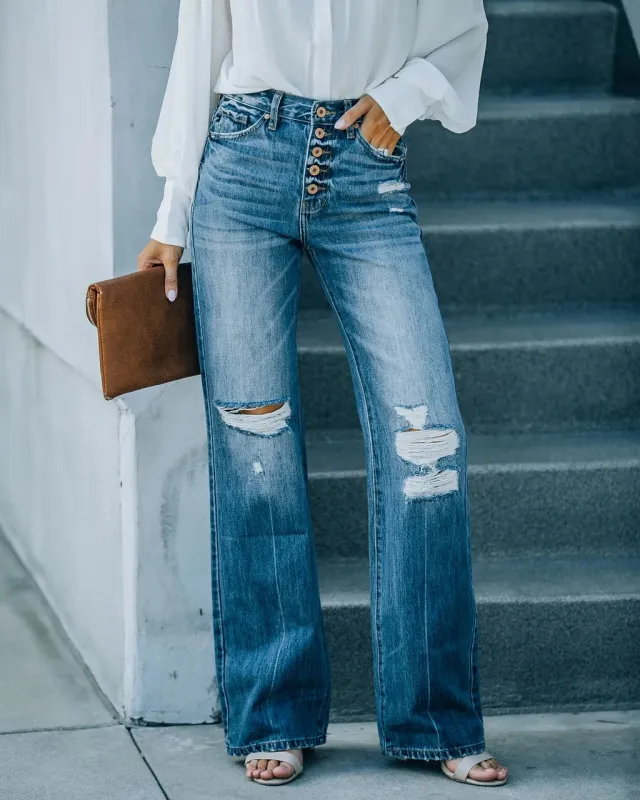 Autumn And Winter New Street Water Washed Hole Single breasted Jeans Blue - Shop at LoveMi