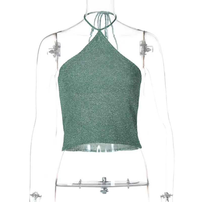 Solid-color, Versatile, Form-fitting Knit Camisole With A Wrap-style Bust And Halter Neck - Green