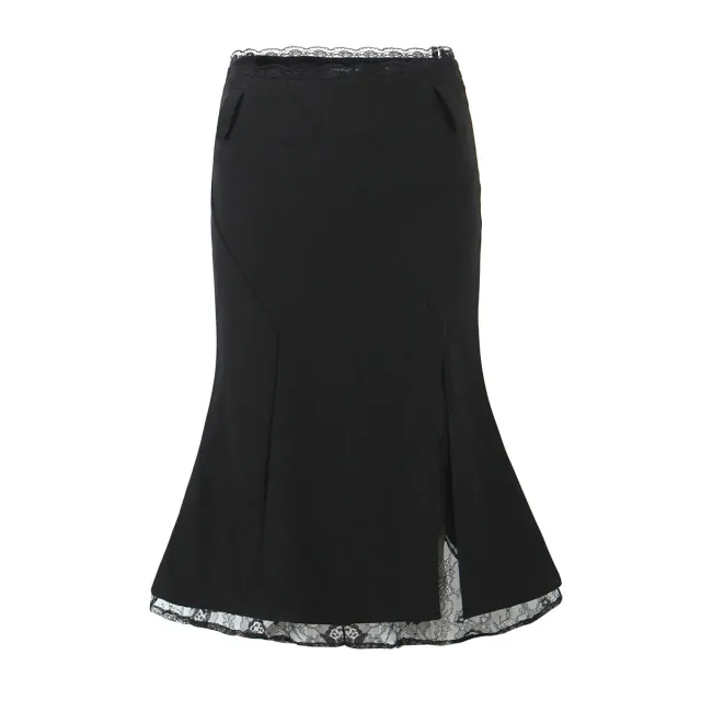 Lace Stitching Fishtail Elegant Slimming Sheath Skirt Black - Shop at LoveMi