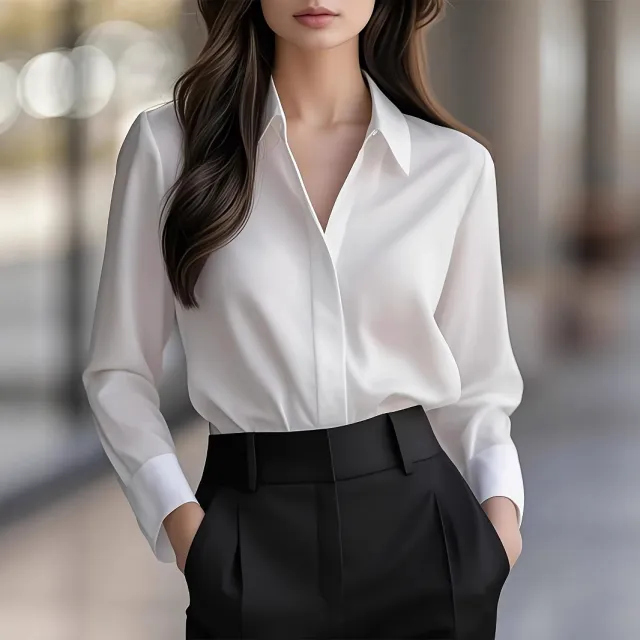 Long Sleeve Simple Blouse Lapel Versatile Loose White - Shop at LoveMi