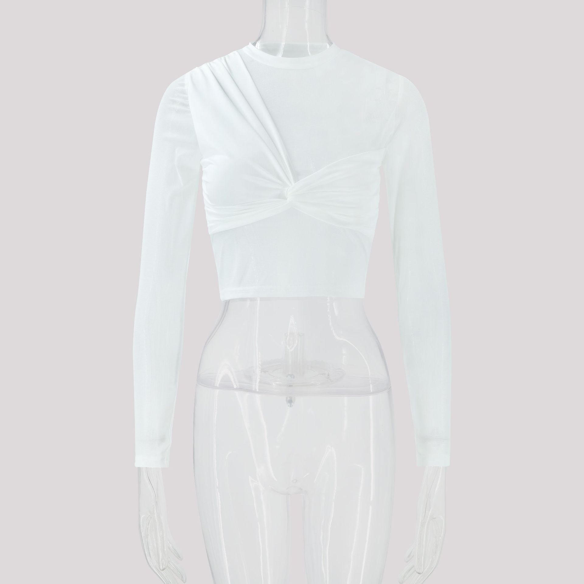 Mesh Long-sleeve Cropped Top With Patchwork Design - Image 5