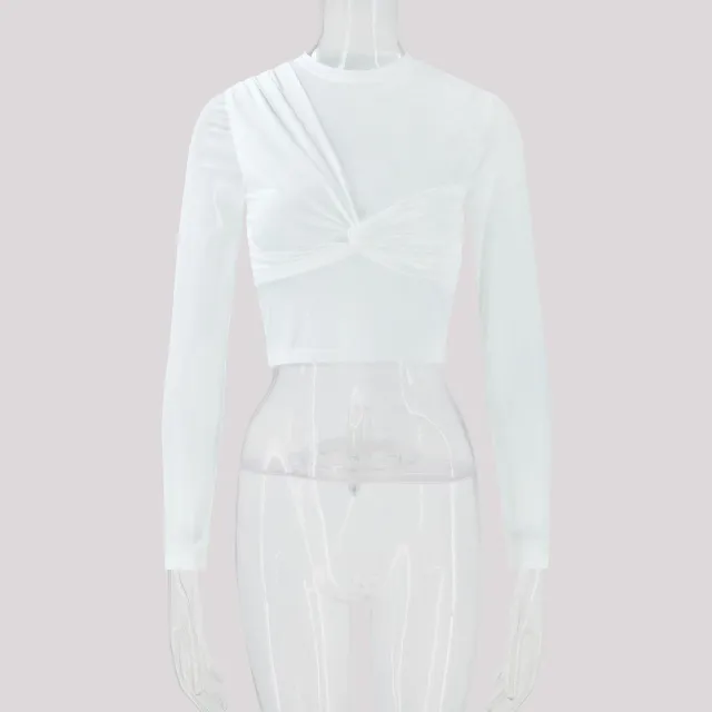 Mesh Long sleeve Cropped Top With Patchwork Design White - Shop at LoveMi