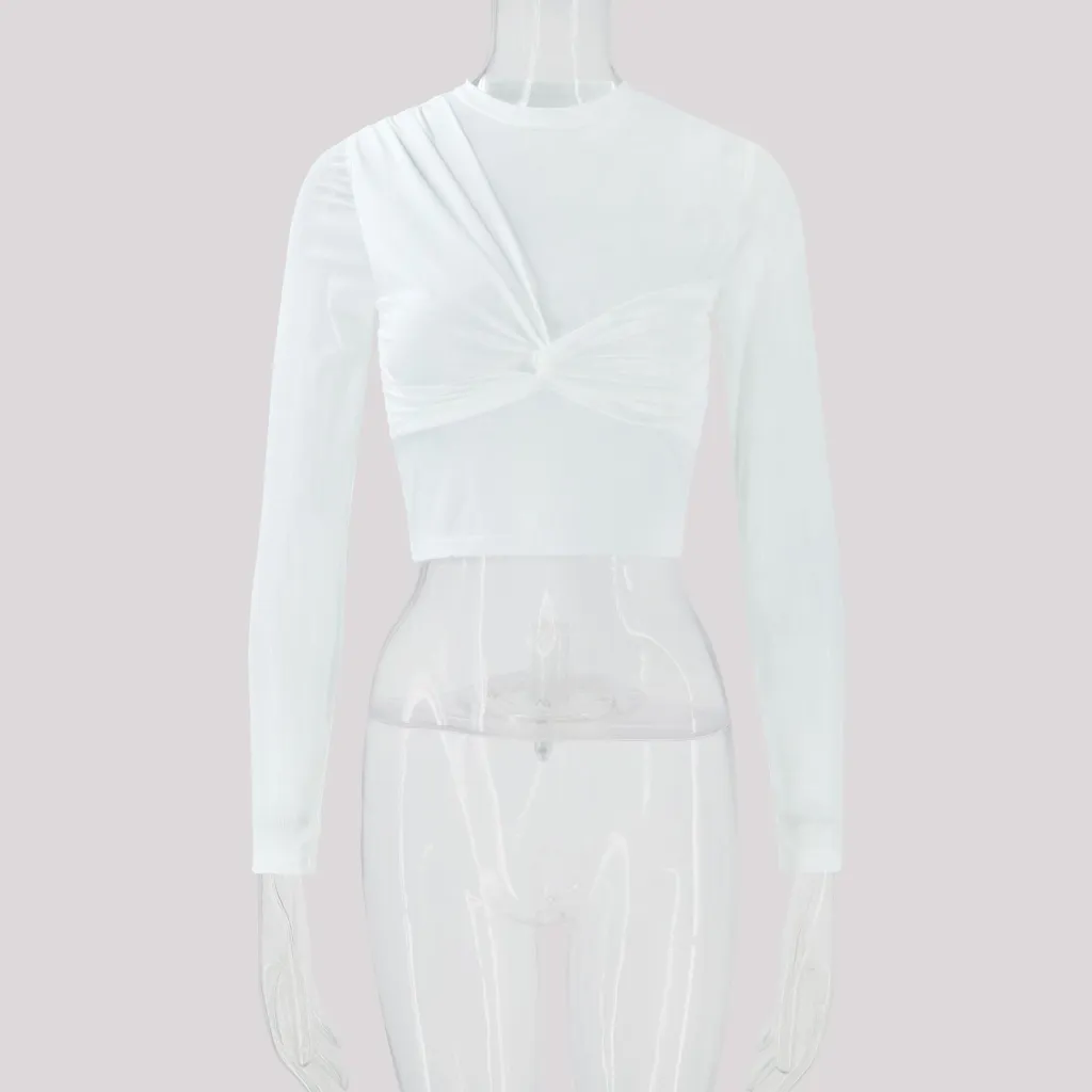 Mesh Long-sleeve Cropped Top With Patchwork Design - White