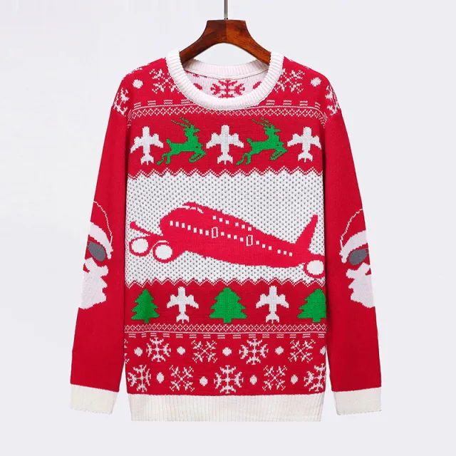 Men's Fashion Casual Long Sleeve Round Neck Christmas Sweater Orange Red - Shop at LoveMi