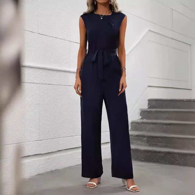 Elegant Sleeveless Round Neck Waist Trimming High Waist Wide Leg Jumpsuit Navy Blue - Shop at LoveMi